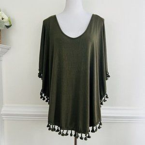 KORI AMERICA Dark Green Super Soft Flowy Tassel Trim Boho Shirt ~ Size Small